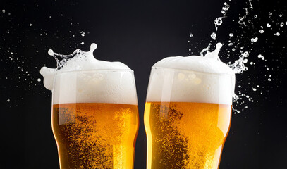 Two mug of light  beer with foam and splashes on black background