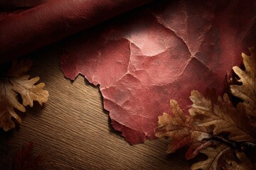 Obraz premium Aged crimson parchment and autumn leaves on wood.