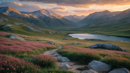 Fototapeta premium Serene valley landscape at sunset, featuring vibrant wildflowers, rolling green hills, and distant mountains reflected in a tranquil lake