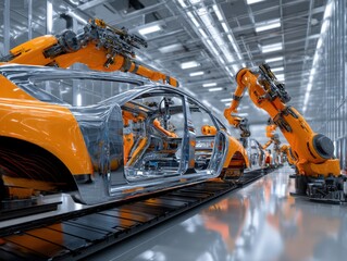 Fototapeta premium Scifi style car manufacturing robots working in sync to create a nextgen vehicle