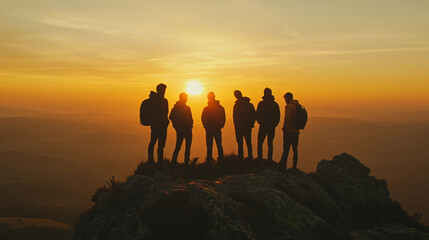 A silhouette of a group stands on a mountain's peak during a golden sunset, symbolizing achievement.