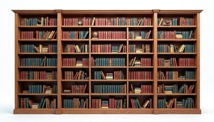 Various styles of bookcases, empty and full, isolated on white background , shelves, metal, library