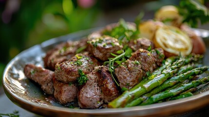 A gourmet plate featuring two grilled lamb chops with charred edges, accompanied by creamy risotto garnished with herbs.