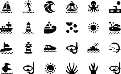 Water Activities & Marine Life Icons Ocean Adventure Shark, Octopus, Lighthouse Graphics