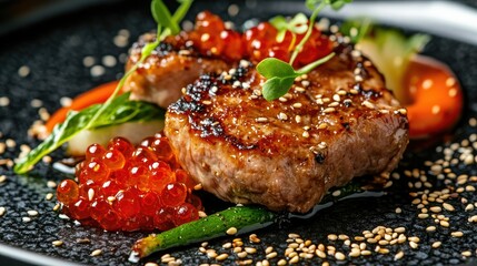 A close-up of a white plate featuring slices of seared tuna, crusted with black and white sesame seeds.