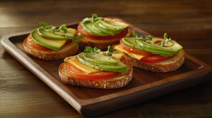 Three slices of toasted bread topped with creamy avocado slices and halved cherry tomatoes are arranged on a wooden platter.