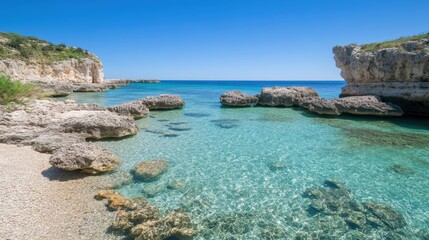 Serene Coastal Scene of Turquoise Water and Rocky Cliffs in Salento Italy Landscape View