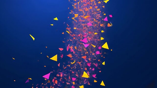 Colorful geometric shapes cascade in vibrant display against deep blue background, creating dynamic visual effect that evokes energy, movement, and creativity.