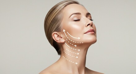 A woman's face is shown in profile, with dotted lines and arrows indicating the direction of a potential lifting procedure.