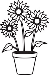 Cute sunflower in flowerpot illustration, perfect for kids coloring pages, gardening projects, and spring craft designs