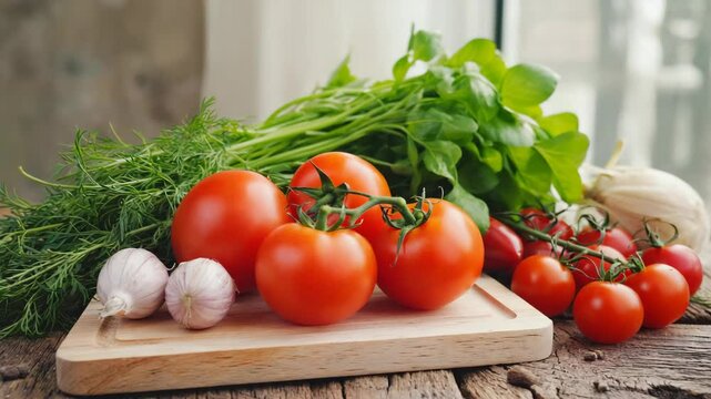 fresh tomatoes garlic and herbs on rustic wooden table in natural kitchen light healthy organic ingredients for cooking