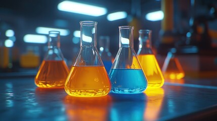 Colorful beakers filled with vibrant liquids in a laboratory setting.  Detailed scientific equipment and bright lights are visible in the background