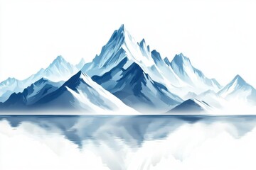Fototapeta premium Serene Mountain Range Reflection in Calm Lake Waters; Watercolor Style Landscape; Minimalist Art; Peaceful Nature Scene; Blue and White Tones