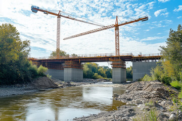 Bridge Construction Over a River  Construction Cranes, Steel Beams, and Concrete Pillars Under a Sunny Sky