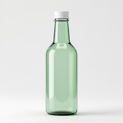 Green glass bottle with a white cap sitting upright isolated on white background