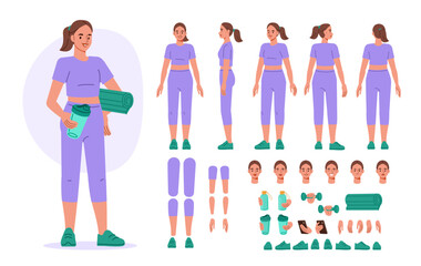 Sporty girl wearing fitness clothes holding protein shaker. Character constructor for animation. Front, side and back view set. Body parts, postures, poses collection. Vector illustration.