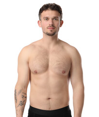 Fototapeta premium Young man with hairy chest on white background. Epilation procedure