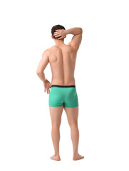 Young man in stylish turquoise underwear on white background, back view