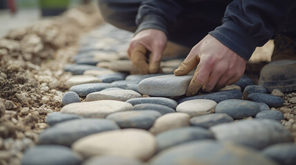 Person Laying Pebbles for a Garden Path