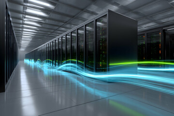 Obraz premium Futuristic Data Center with Light Waves Representing Network Flow