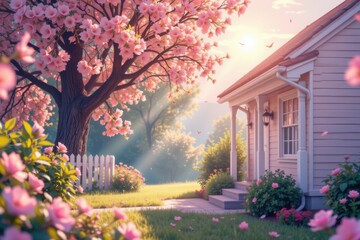 Gutter drainage system concept. A serene home surrounded by blooming flowers and a majestic tree in soft sunlight.