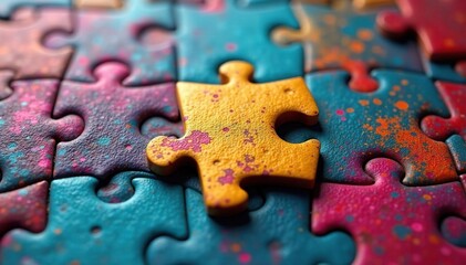 Close-up of a single jigsaw puzzle piece, brightly colored, intricate detail , pattern, hobby