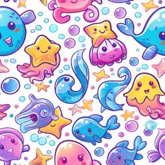 Obraz premium seamless pattern of underwater scene, happy cartoon fish, bubbles, and sea plants, cute doodle style
