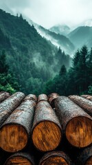 Forest landscape with stacked logs in foreground.