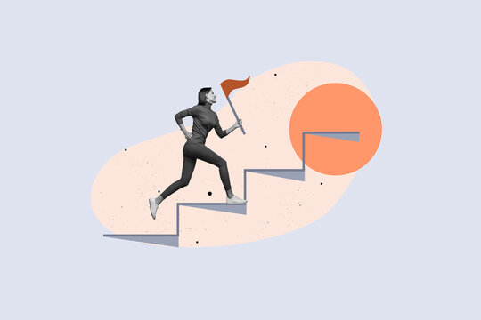 Trendy poster art collage of happy businessman businesswoman stand career ladder development statistics progress goal concept