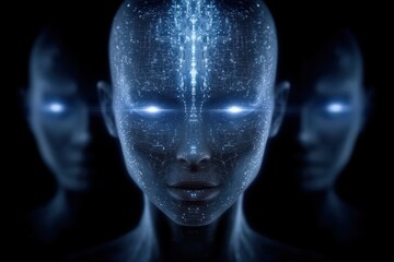 Futuristic humanoid figure showcasing intricate digital circuitry and glowing blue eyes representing advanced technology and AI innovation highlighting the convergence of humanity and machine