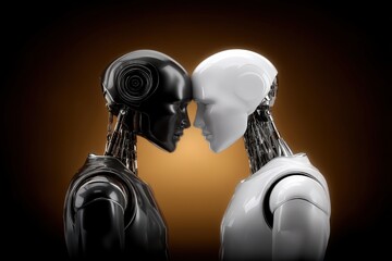 Two humanoid robots facing each other in an intense standoff highlighting the contrast between dark and light designs showcasing advanced technology and emotionless expressions creating a