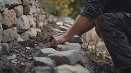 Obraz premium Person Laying Stones for a Wall Construction