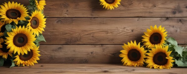 Obraz premium Vibrant sunflowers arranged on rustic wooden board, wooden board, arrangement, texture