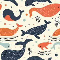Fototapeta premium seamless repeating minimal pattern of abstract marine animal doodles and wave lines, soft color palette