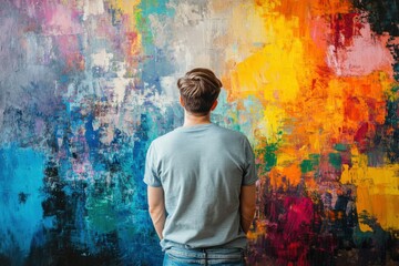 Obraz premium Man Observing Vibrant Abstract Art