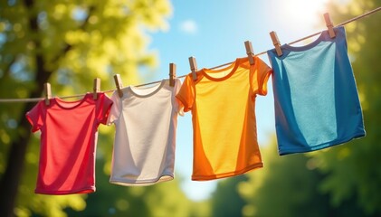 Bright sunshine illuminates freshly laundered clothes hanging on a line to dry outdoors , laundry day, cheerful