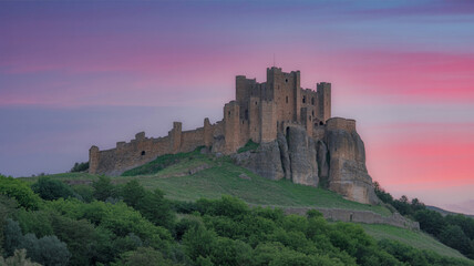 Obraz premium Dramatic Dunstanburgh Castle at Sunset with Vibrant Sky and Green Landscape