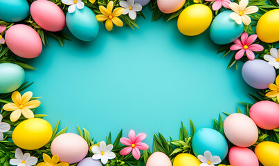Festive Easter eggs and spring flowers create a vibrant border around a teal background, perfect for greeting cards or spring announcements.