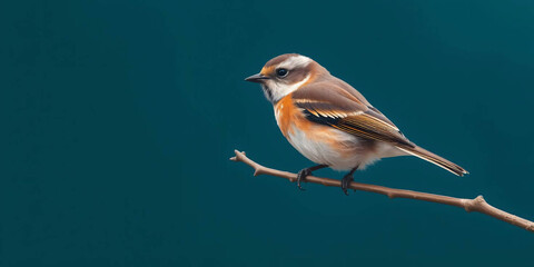 Fototapeta premium a small bird perched on a thin, bare branch. The bird has a smooth, rounded body with soft brown plumage on its back and head, transitioning to a lighter, almost white color on its underbelly 