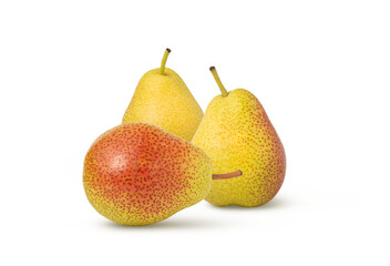 Yellow and red pears isolated on white background. Group of isolated pear fruits.