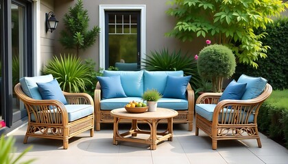 Fototapeta premium Rattan chairs and sofa with blue pillows on home patio. Outdoor furniture near house with plants, created with generative ai 