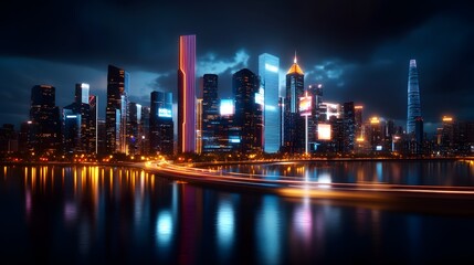 Fototapeta premium Vibrant Neon Cyberpunk City Skyline at Night Reflecting in Water With Futuristic Buildings Glowing in a Colorful Ambiance