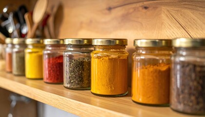 Spice Rack Display: An eye-level shot of glass jars filled with vibrant, colorful spices, neatly arranged on a wooden shelf.