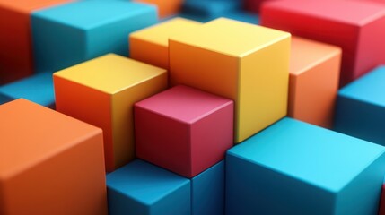 Obraz premium Colorful, geometric, stacked cubes. Abstract, vibrant, and modern design. A 3D rendering of blocks in various bright hues. Focuses on the interplay of colors and shapes