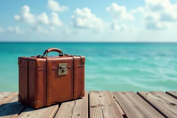 A vintage suitcase sits on a weathered wooden dock overlooking a tranquil ocean , cargo, pier, exploration