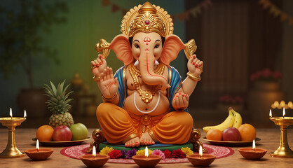 Lord Ganesha idol with fruits and oil lamps for Hindu celebration. Traditional Indian holiday decoration. Religion and culture for greeting card, banner, poster design.
