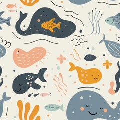 Fototapeta premium seamless repeating minimal pattern of abstract marine animal doodles and wave lines, soft color palette