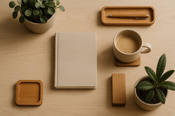 Minimalist Workspace Flat Lay with Coffee, Notebook, and Plants – Warm Natural Aesthetic for Productivity and Calm
