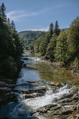 A tranquil river flows through the lush green forest mountains under a bright blue sky in early summer afternoon