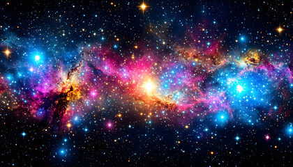 Fototapeta premium Vibrant nebula in deep space, cosmic dust and stars, colorful galaxy, astronomical phenomenon.